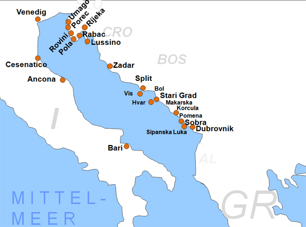 Karte Fhren von und nach Kroatien Fhrstrecken Fhrlinien Fhrberfahrten