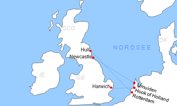 Karte Fhren von Rotterdam nach Hull