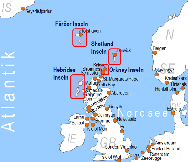 Karte Fhren von und zu den Orkney Inseln Fhrstrecken Fhrlinien Fhrberfahrten