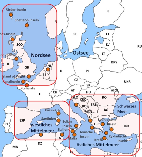 Karte F�hrrouten in der Ostsee, Nordsee und im Mittelmeer