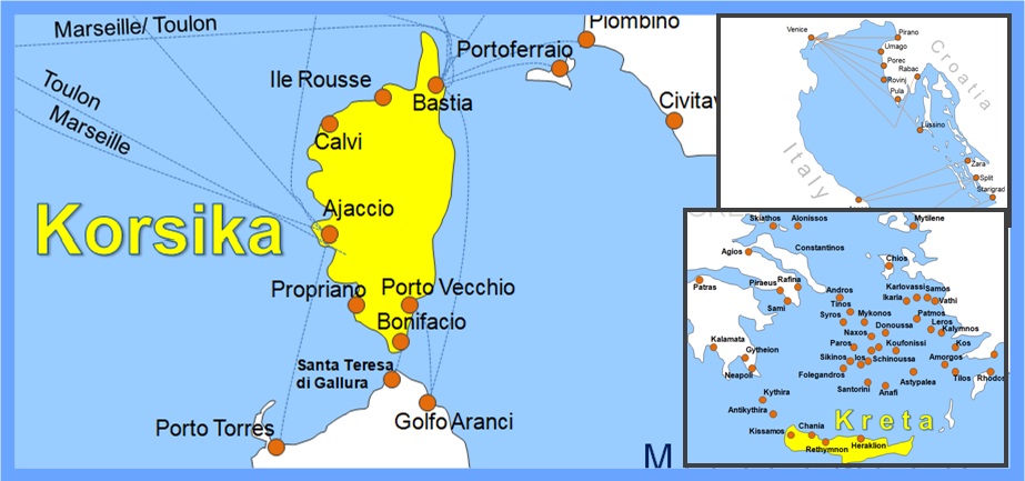 Karte Fähren in der Nordsee, Ostsee und im Mittelmeer online buchen