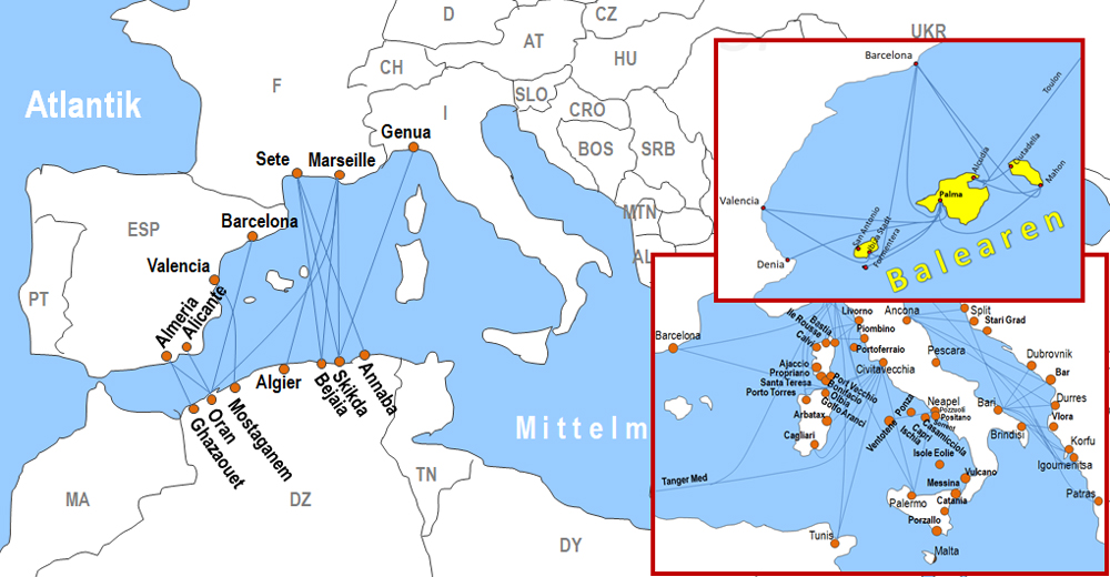 Karte F�hren in der Nordsee, Ostsee und im Mittelmeer online buchen