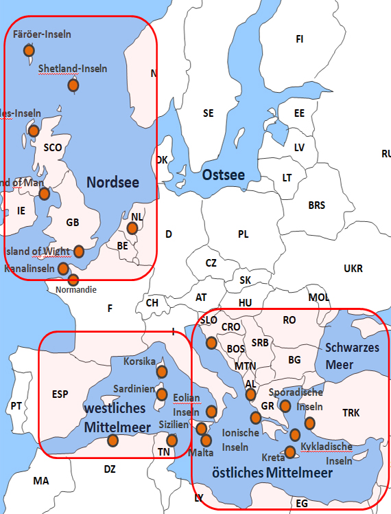 Karte F�hrrouten in der Ostsee, Nordsee und im Mittelmeer