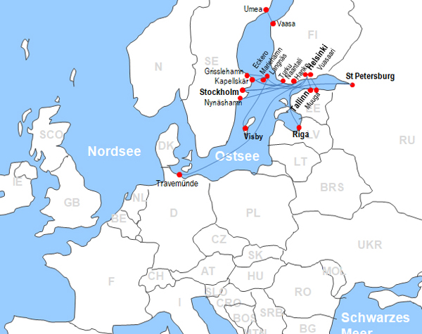 Karte Fhren von Stockholm nach Helsinki