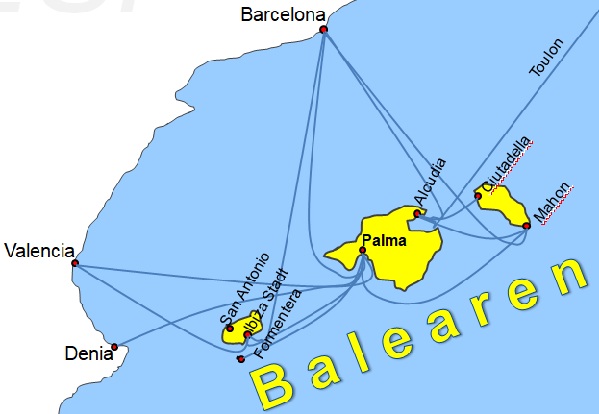 Karte F�hren von und nach Ibiza
