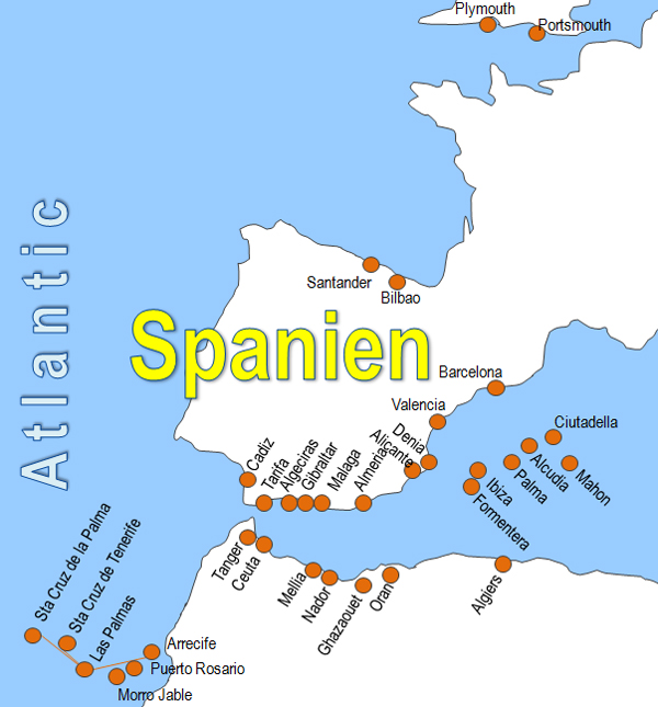 Karte Fähren von und nach Spanien Fährstrecken Fährlinien Fährüberfahrten
