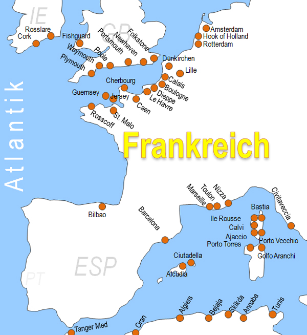Karte Fähren von und nach Frankreich Fährstrecken Fährlinien Fährüberfahrten