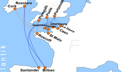 Karte F�hrverbindungen mit der Reederei Brittany Ferries
