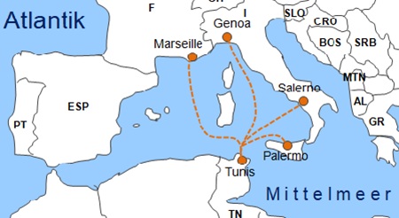 Karte F�hrverbindungen mit der Reederei CTN