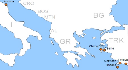 Karte F�hrverbindungen mit der Reederei Dodekanisos Seaways