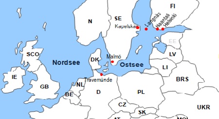 Karte F�hrverbindungen mit der Reederei Finnlines