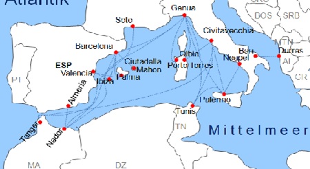 Karte F�hrverbindungen mit der Reederei Grandi Navi Veloci