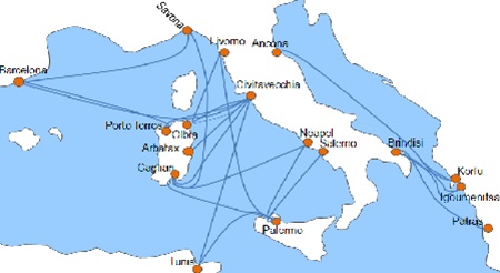 Karte F�hrverbindungen mit der Reederei Grimaldi Lines