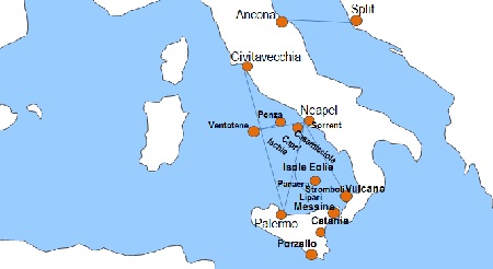 Karte F�hrverbindungen mit der Reederei SNAV