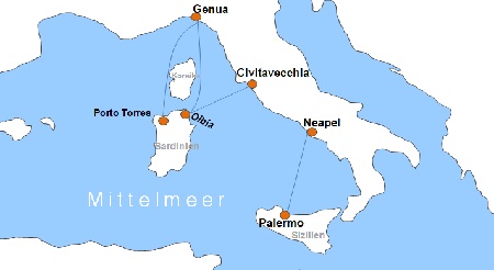 Karte F�hrverbindungen mit der Reederei Tirrenia