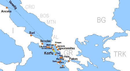 Karte F�hrverbindungen mit der Reederei Zante Ferries