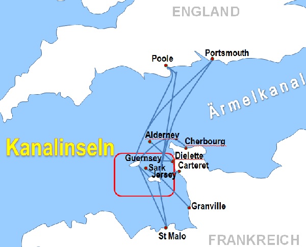 Karte F�hren von und zu den Kanalinseln F�hrstrecken F�hrlinien F�hr�berfahrten