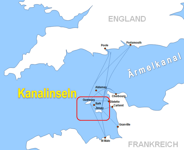 Karte F�hren von Saint Malo nach Guernsey