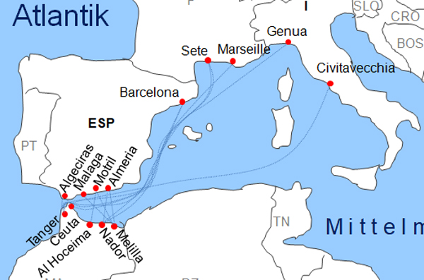 Karte Fähren von und nach Marokko Fährstrecken Fährlinien Fährüberfahrten