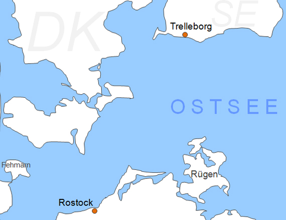 Karte Fähren Fährstrecke von Rostock nach Trelleborg übersetzen