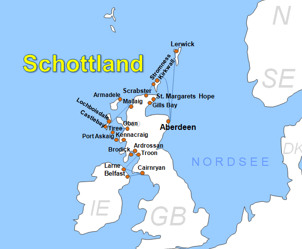 Karte Fhren von und nach Lerwick
