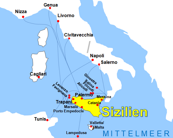 Karte Fhren von und nach Sizilien Fhrstrecken Fhrlinien Fhrberfahrten