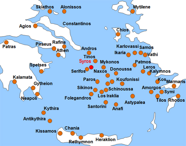 Karte Fhren von Syros nach Rhodos