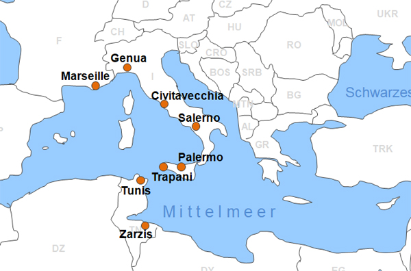 Karte Fähren von und nach Tunesien